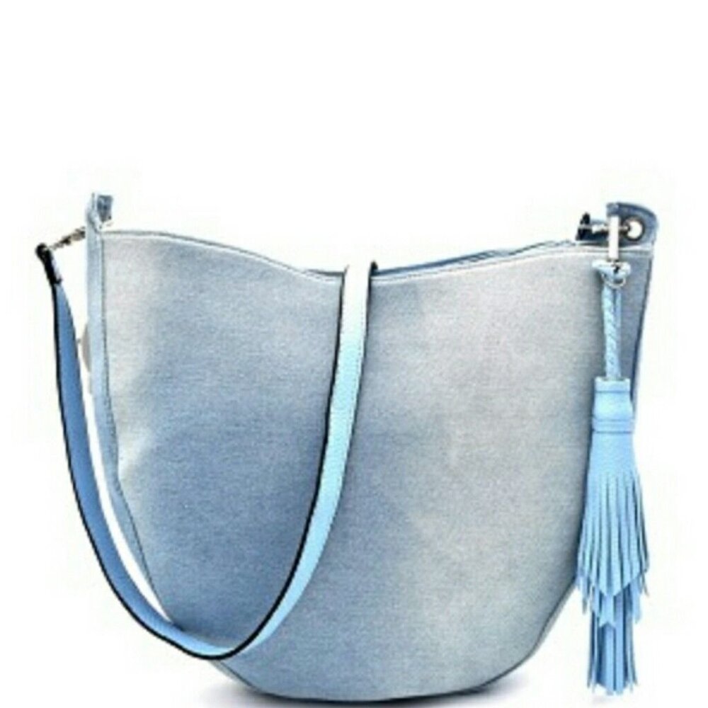 Handbag Republic Light Blue Denim Crossbody Tassel Handbag with Cosmetic Case
